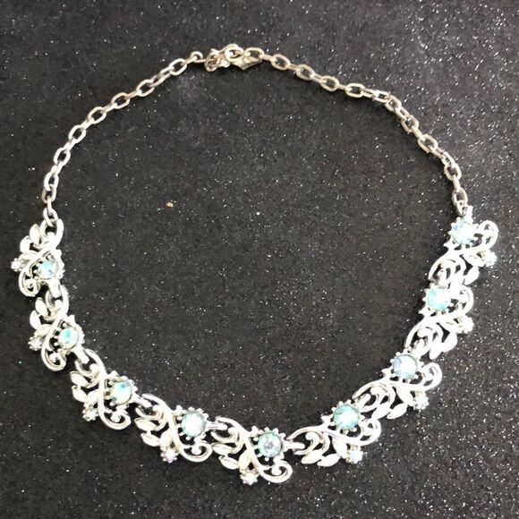 Vtg Silver Tone Blue Rhinestone Choker Necklace‎ - Picture 1 of 3